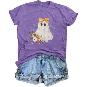Women's purple Cotton Blend Halloween Ghost Retro Spooky Short Sleeve T Shirt